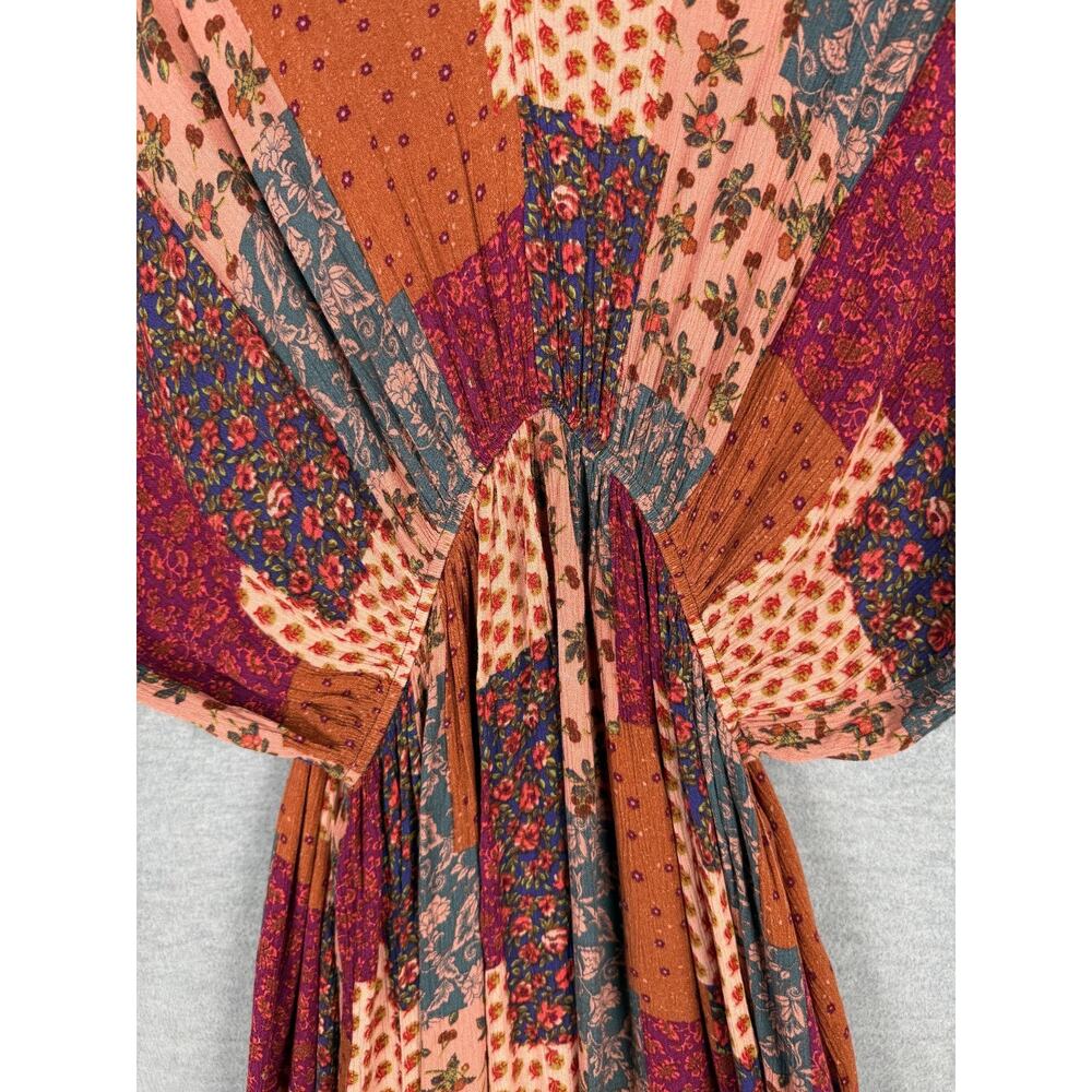 Easel Patchwork Print V-Neck Maxi Dress Ruffle Hem Kimono Sleeve Boho Flowy - Picture 6 of 12